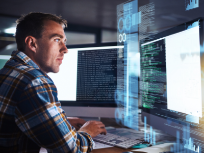 Man typing code on two computer monitors