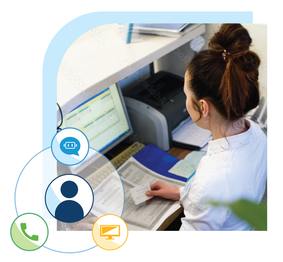 Software illustration overtop image looking over the should of school staff working at computer