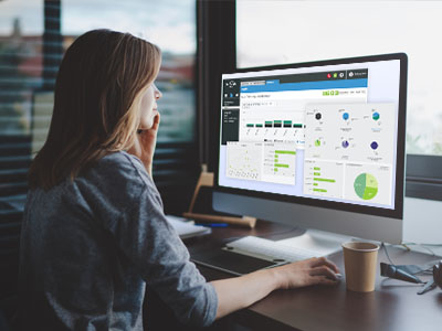 Woman looking at various graphs on her computer screen