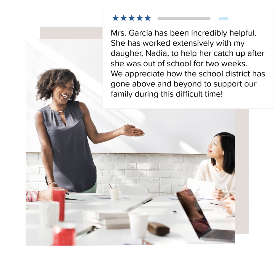Two women talking at table and a text overlay of a Let's Talk customer review