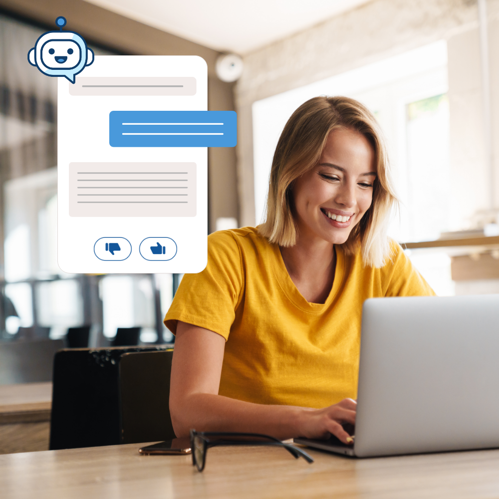 Woman smiling at her laptop with a chatbot conversation pop-up next to her