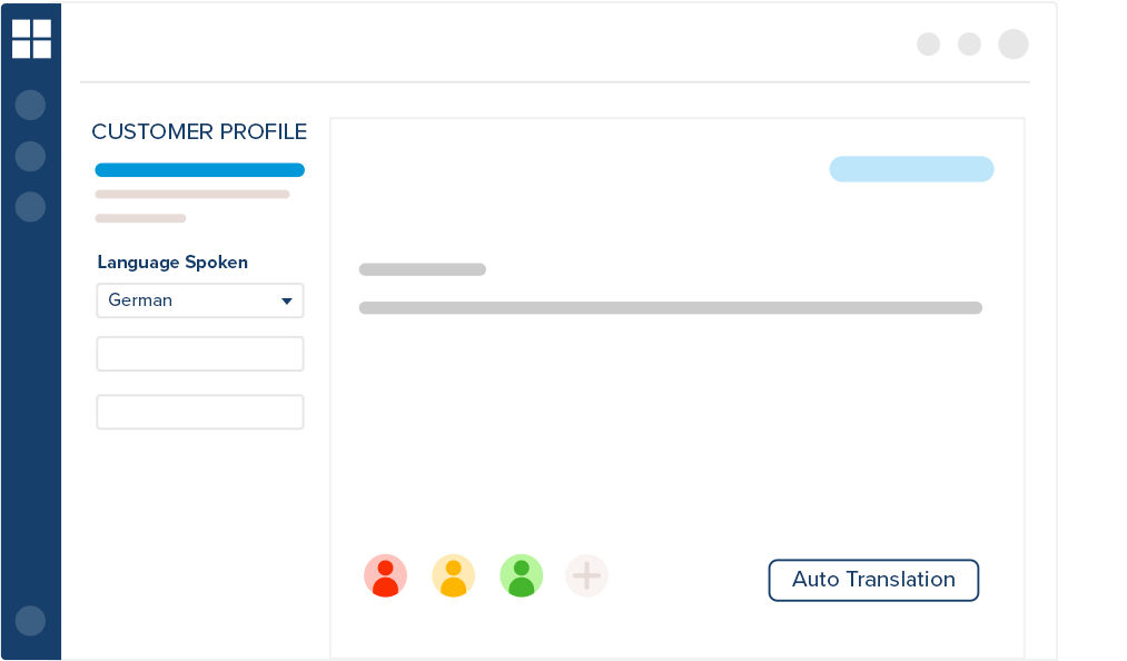 Customer profile screen with system translating English to German