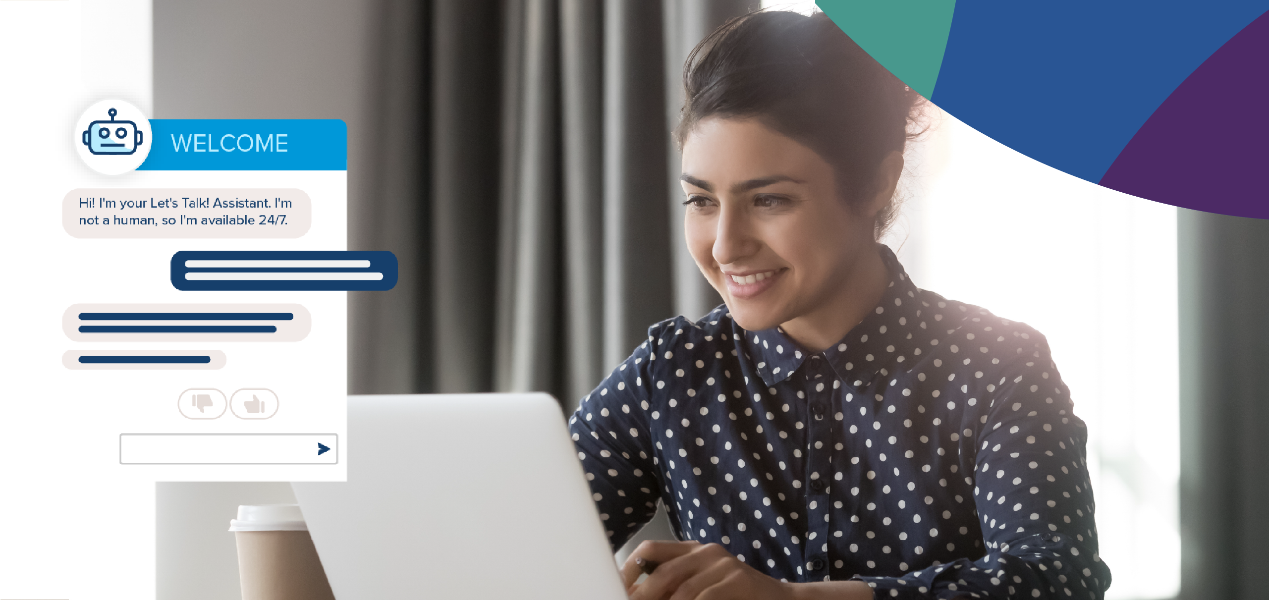 Business woman smiling at laptop with coffee plus a Let's Talk Assistant conversation pop-up on the side
