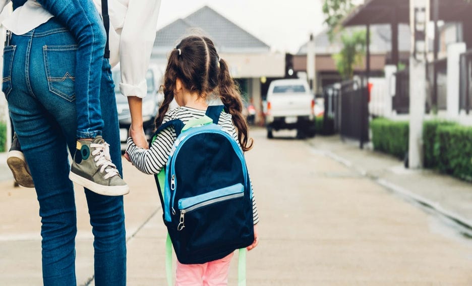 Mother walking and holding hands with young daughter with backpack