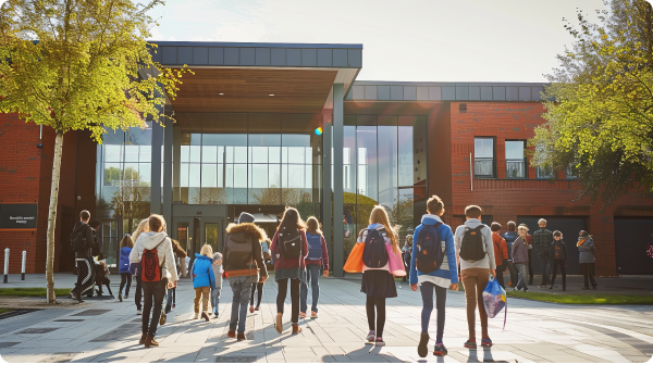 A group of K-12 school children entering a school building - Supporting K12 Insight blog post - Facing Uncertainty with Clarity: A Proactive Approach to Title Funding Compliance and Community Confidence