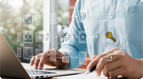 Person using laptop with overlay of symbols for different operations in a school environment - Why process efficiency is the key to better service in K-12 schools blog post from K12 Insight