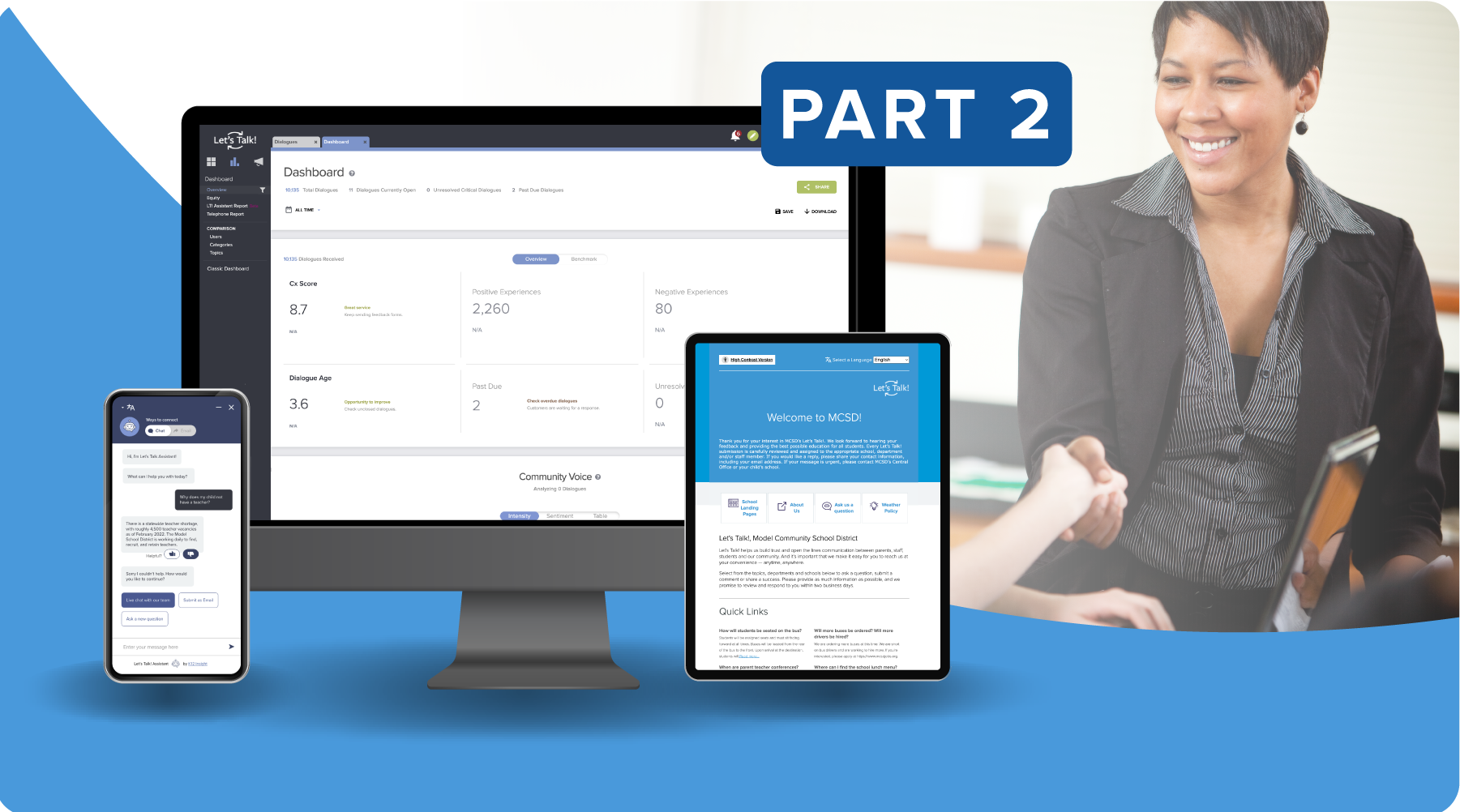 Part 2 blog post - K12 Insight - Efficiency Is the Key to Trust and Engagement - image shows school office worker and screens with Let's Talk dashboard