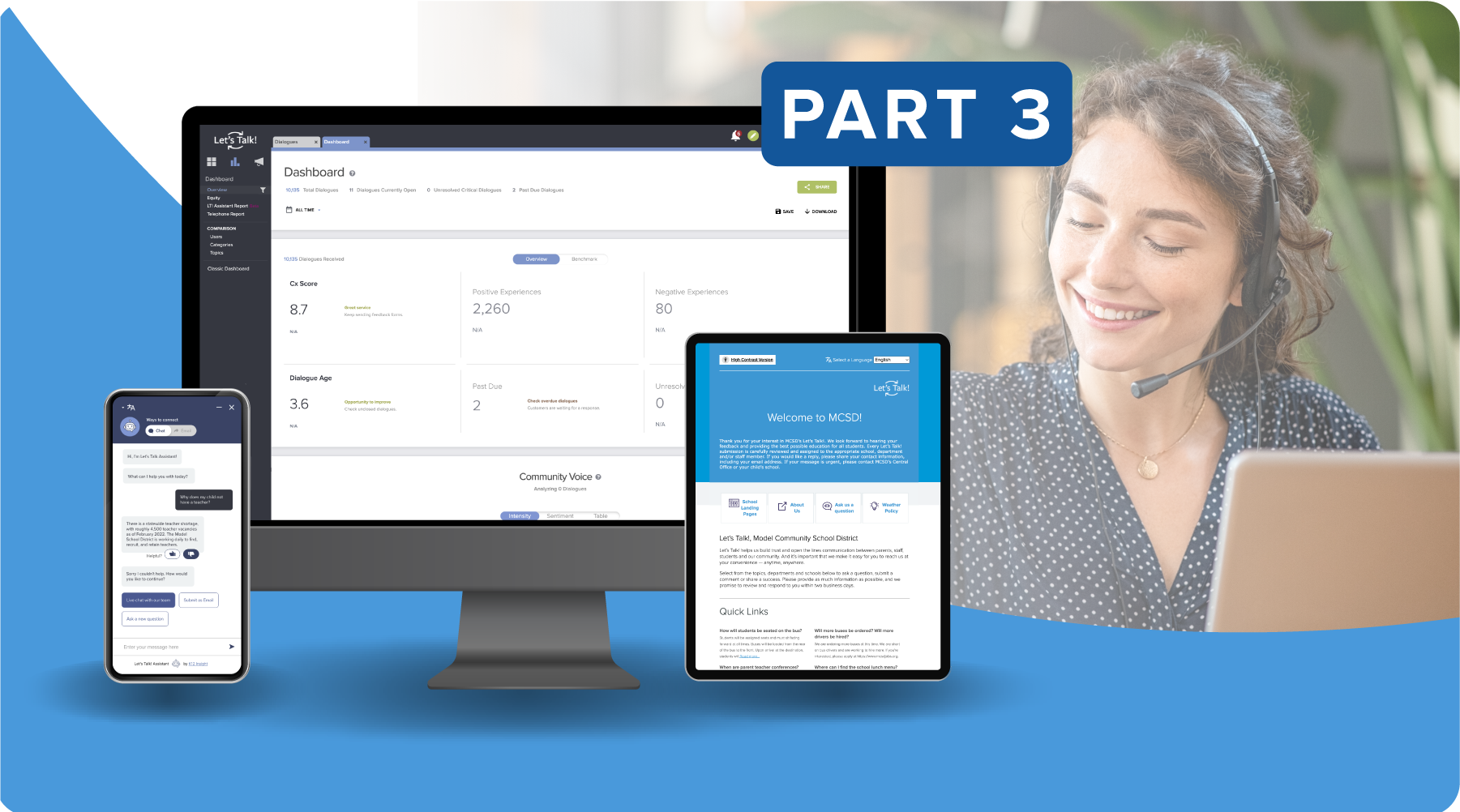 part 3 in the summer blog series - 6 Summer Fixes for a Smooth Start in August with Let’s Talk - from Krista Coleman at K12 Insight - image shows dashboard on computer screens and client success manager