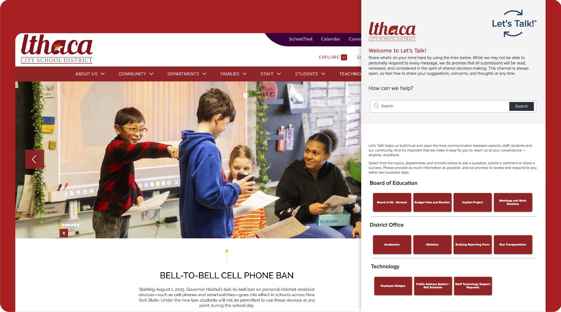 Ithaca City School District home page with image of their Let's Talk page