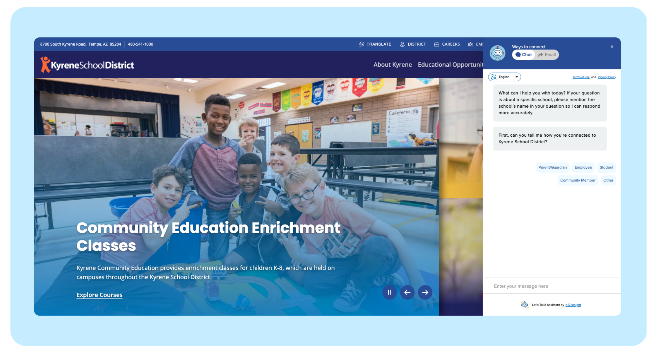 A screenshot of the Kyrene School District homepage with the chatbot window open, ready to respond to a visitor's questions.