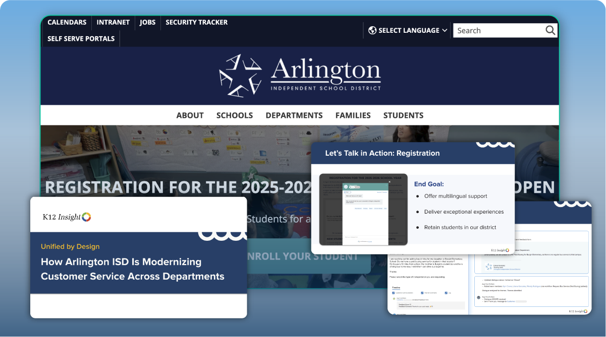 A collage showing the Arlington Independent School District website with registration information for the 2025–2026 school year, overlaid with a webinar presentation titled “How Arlington ISD Is Modernizing Customer Service Across Departments.” Additional callouts show the district’s use of Let’s Talk for registration, emphasizing goals such as multilingual support, delivering exceptional experiences, and retaining students.