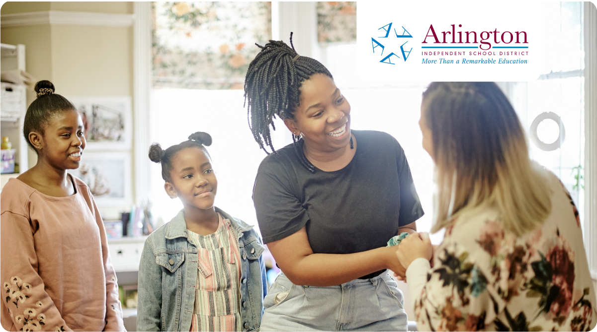 Parent shaking hands with a school administrator while school-age children stand behind her, Arlington Independent School District's logo appears on the top right