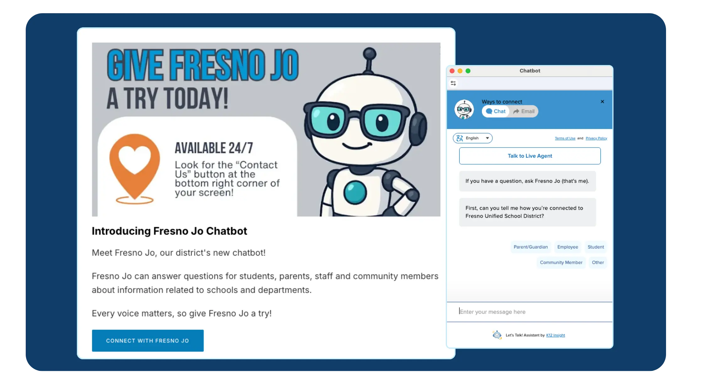 The chatbot embedded on Fresno Unified School District's website provides 24/7 support to students, parents, staff and community members.