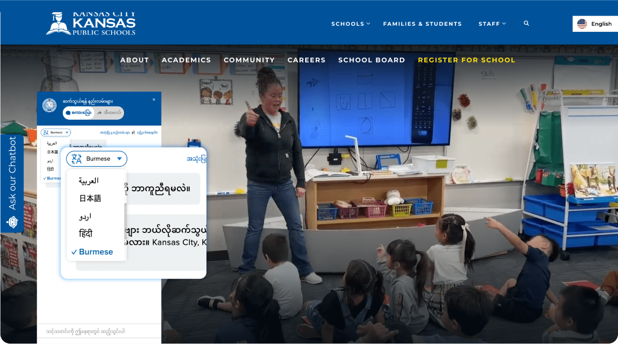 Screenshot of a Kansas City, Kansas Public Schools webpage with an open chatbot window showing real-time translation options.