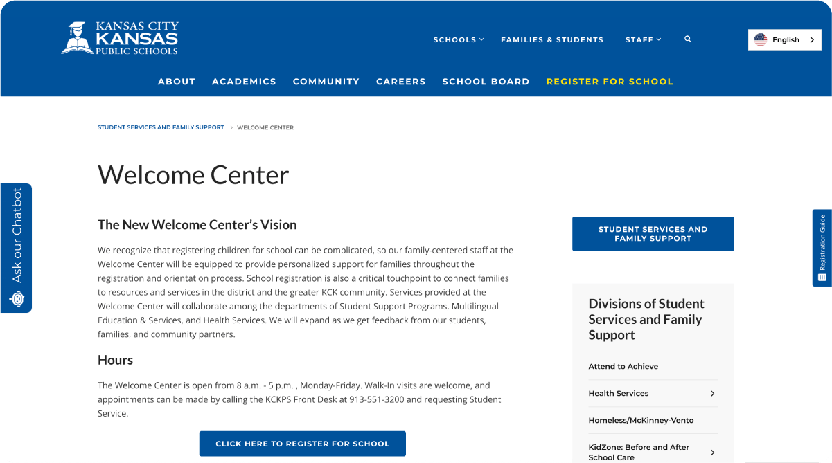 Screenshot of Kansas City, Kansas Public Schools' Welcome Center webpage that serves as a central hub for families, with visible links to Student Support Programs, Multilingual Education & Services, and other support departments