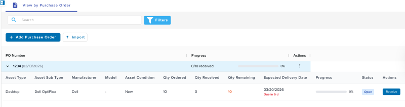 example of viewing assets by purchose orders