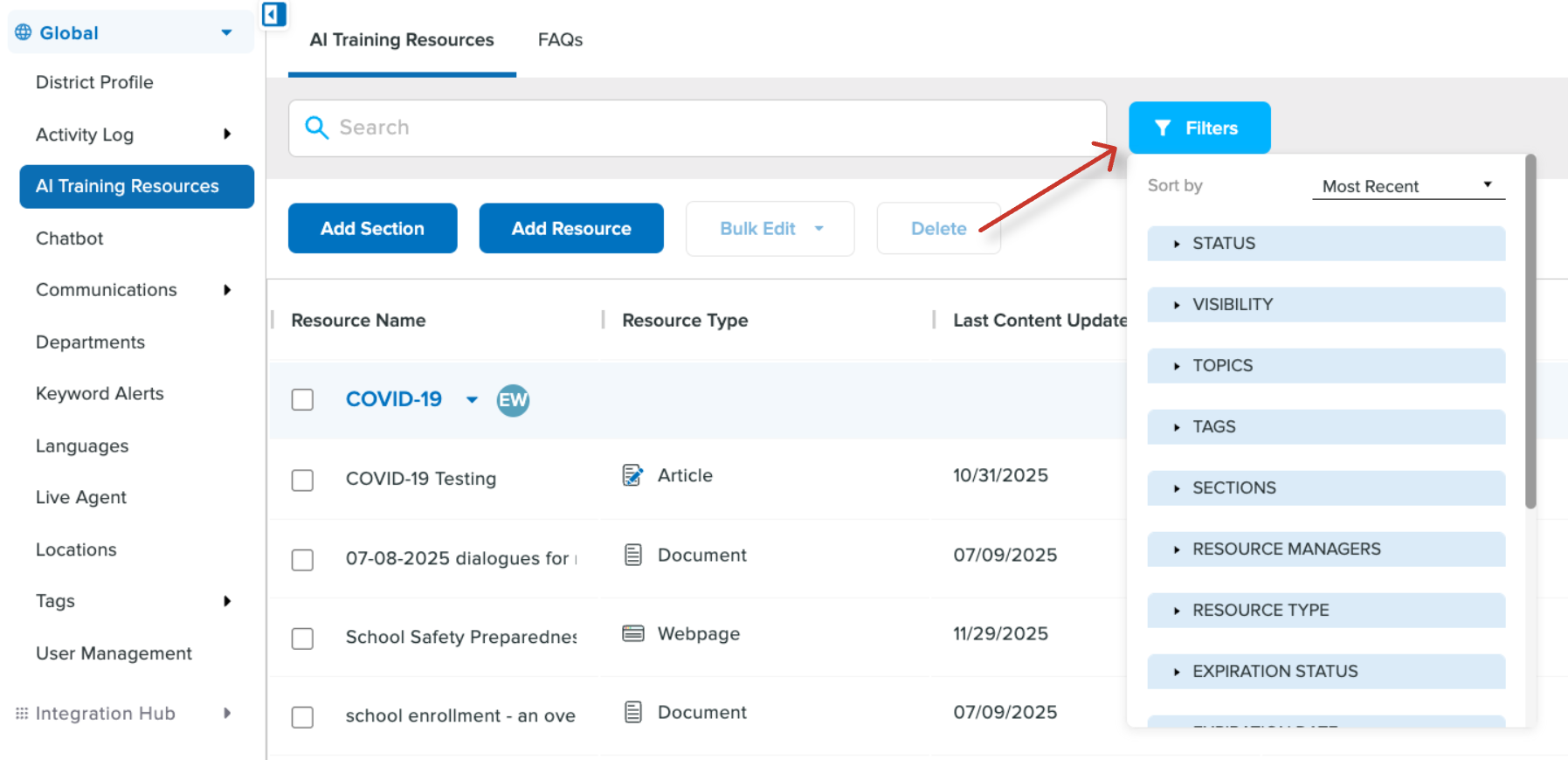 Resource Center filters screenshot