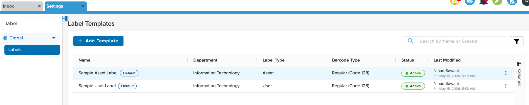 Label Templates settings page
