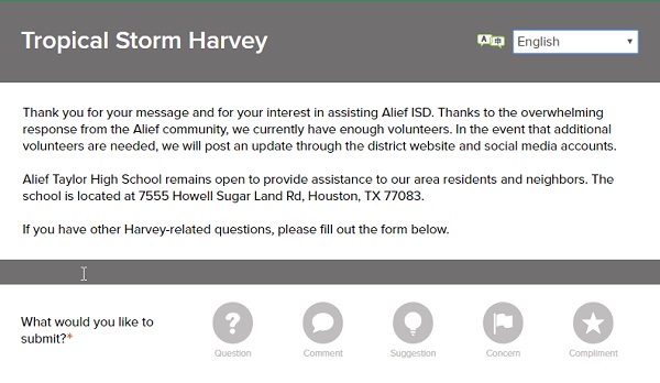 Alief ISD's Hurricane Harvey volunteer Let's Talk! page